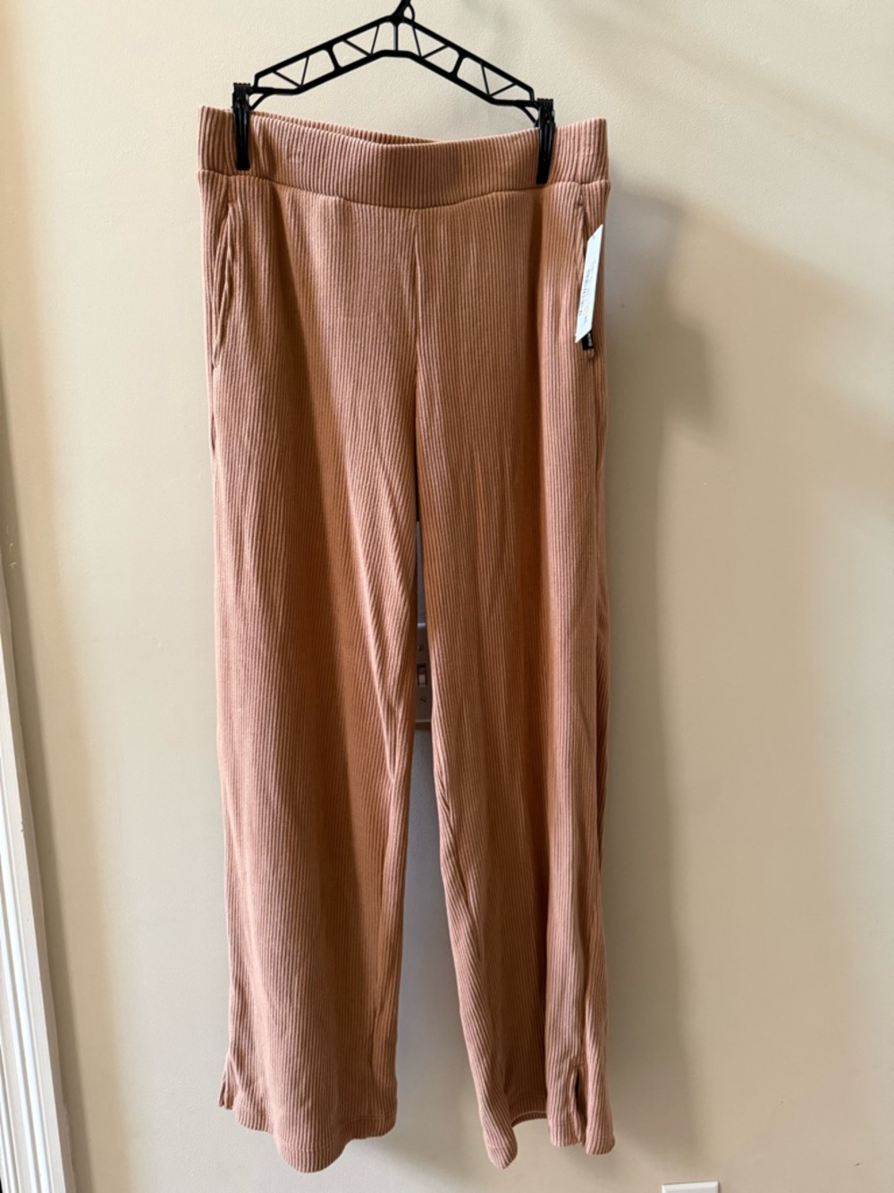 NWT DKNY SPORT Wide Leg Ribbed Pants Mocha Tan Pull-On Donna Karan Activewear